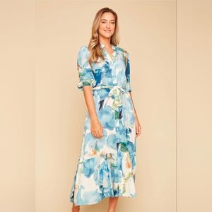 Renuar Women's Medium Or Large Floral Watercolor Blue Green Belted Shirt Dress
